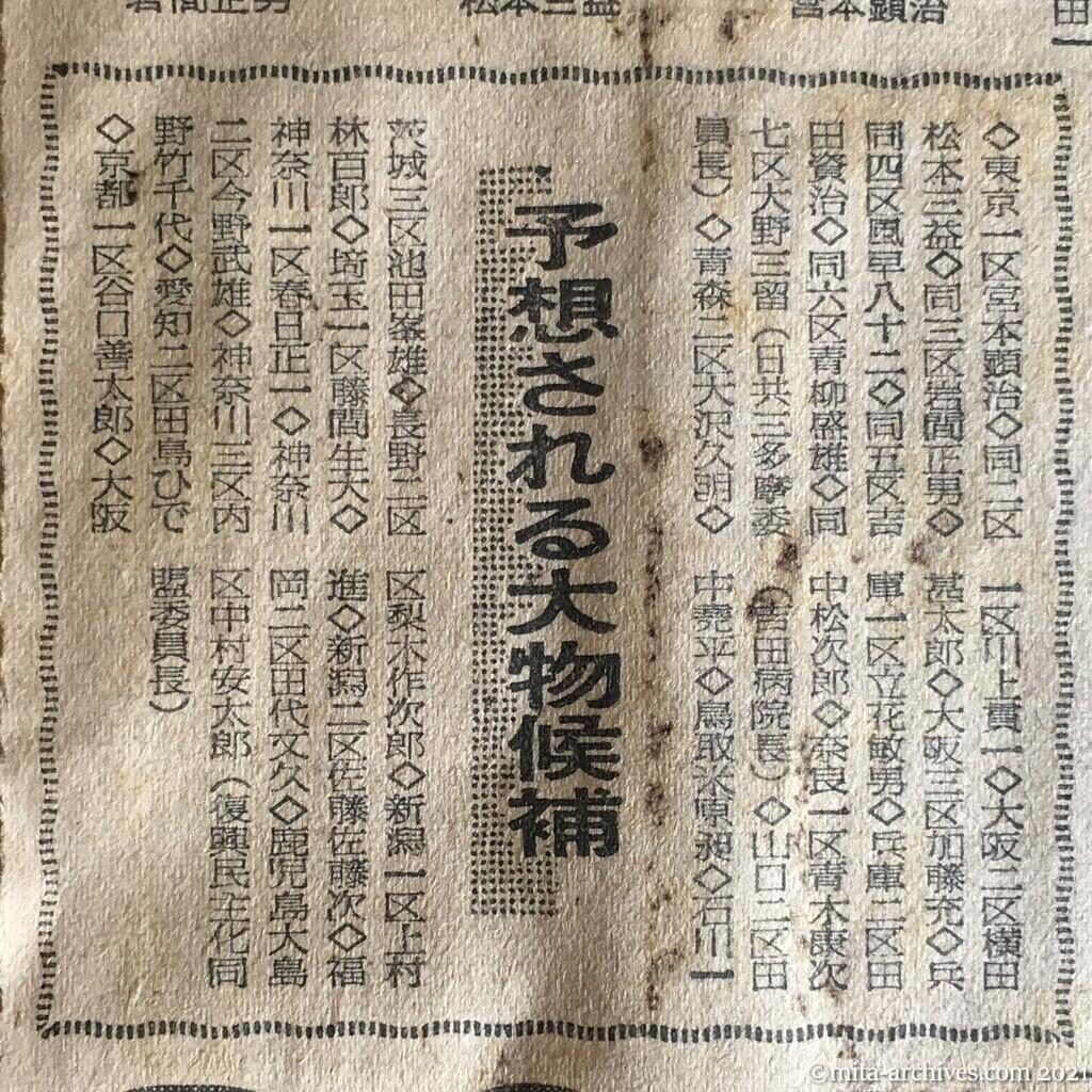 昭和29年（1954）12月30日　日東新聞　日共国会再進出をねらう　大物級の出馬決る　党活動を合法面に切換え　堅くみて四、五名当選？　予想される大物候補