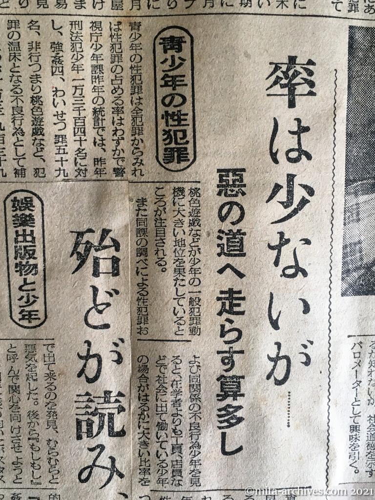 昭和29年4月？日　日東新聞　性犯罪を裸にす　統計にみた傾向　青少年の性犯罪　娯楽出版物と少年　痴漢の予防法　起り易い条件