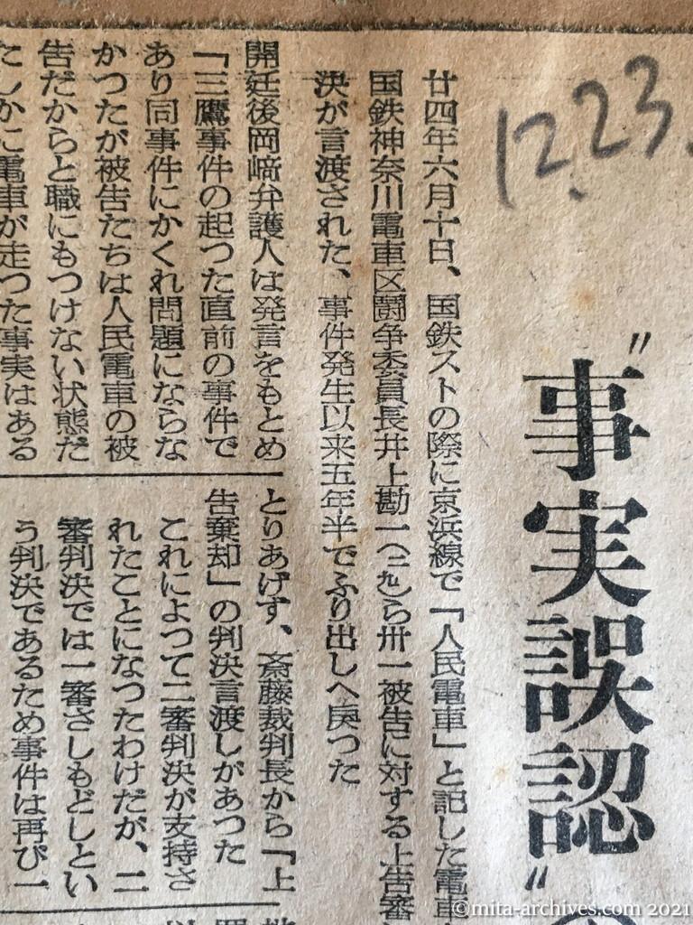 昭和29年（1954）12月23日　東京新聞　最高裁「人民電車」の上告棄却　一審からやり直し　〝事実誤認〟の申立て不当