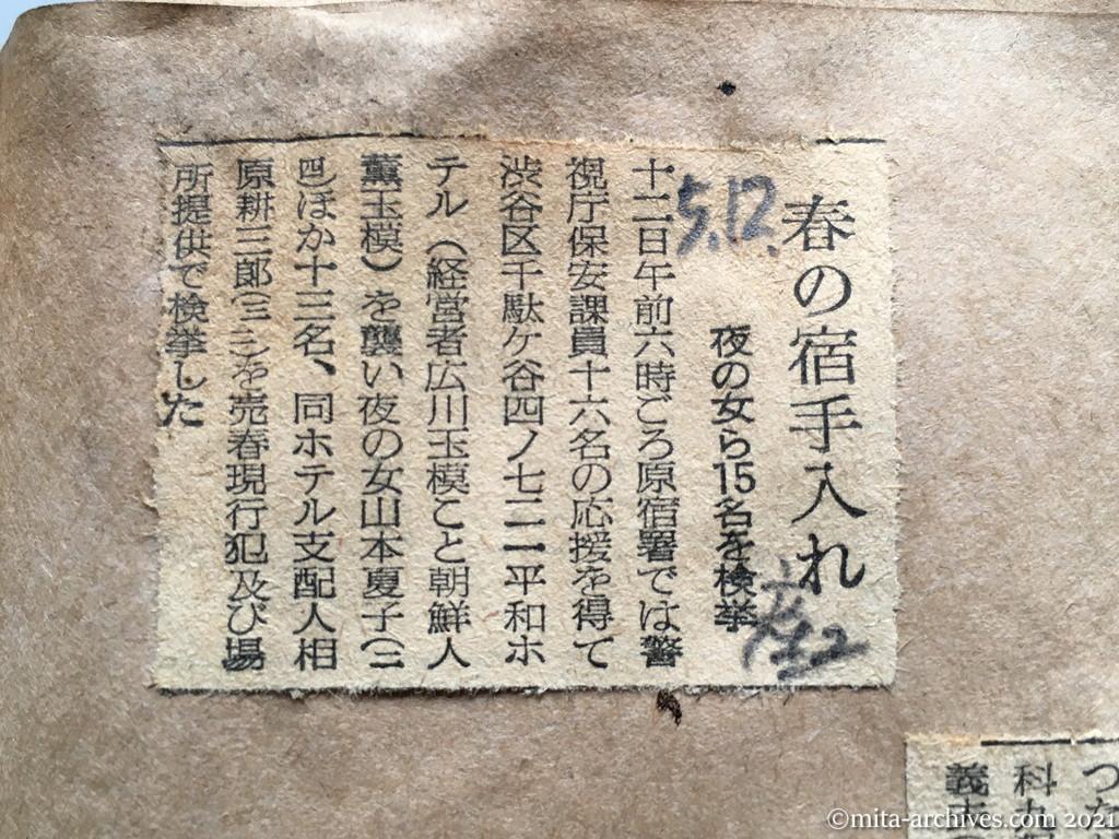 昭和29年5月12日　産経新聞夕刊　春の宿手入れ　夜の女ら15名を検挙