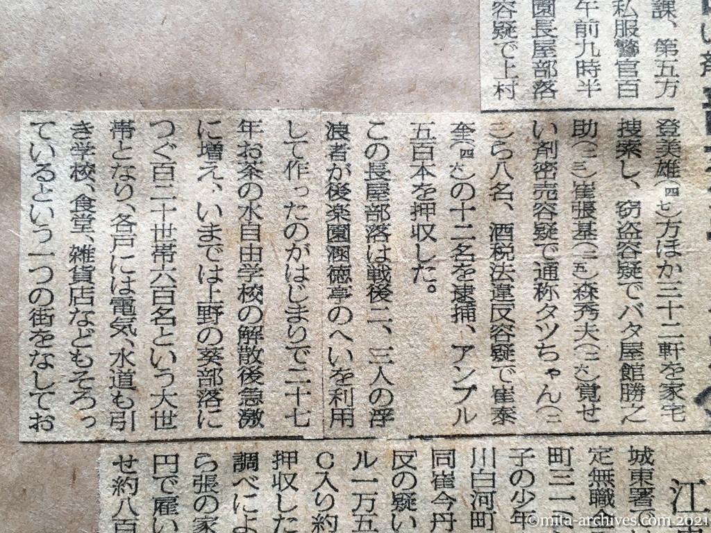 昭和29年5月11日　毎日新聞夕刊　後楽園覚せい剤部落手入れ　江東でも手入