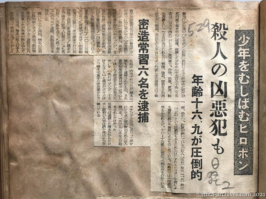 昭和29年5月29日　日本経済新聞夕刊　少年をむしばむヒロポン　殺人の凶悪犯も　年齢十六—十九が圧倒的　密造常習六名を逮捕　朝鮮人アンプル製造業