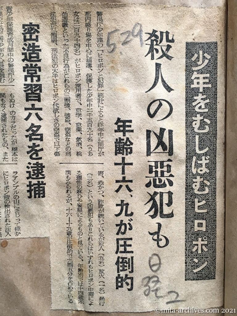 昭和29年5月29日　日本経済新聞夕刊　少年をむしばむヒロポン　殺人の凶悪犯も　年齢十六—十九が圧倒的　密造常習六名を逮捕　朝鮮人アンプル製造業
