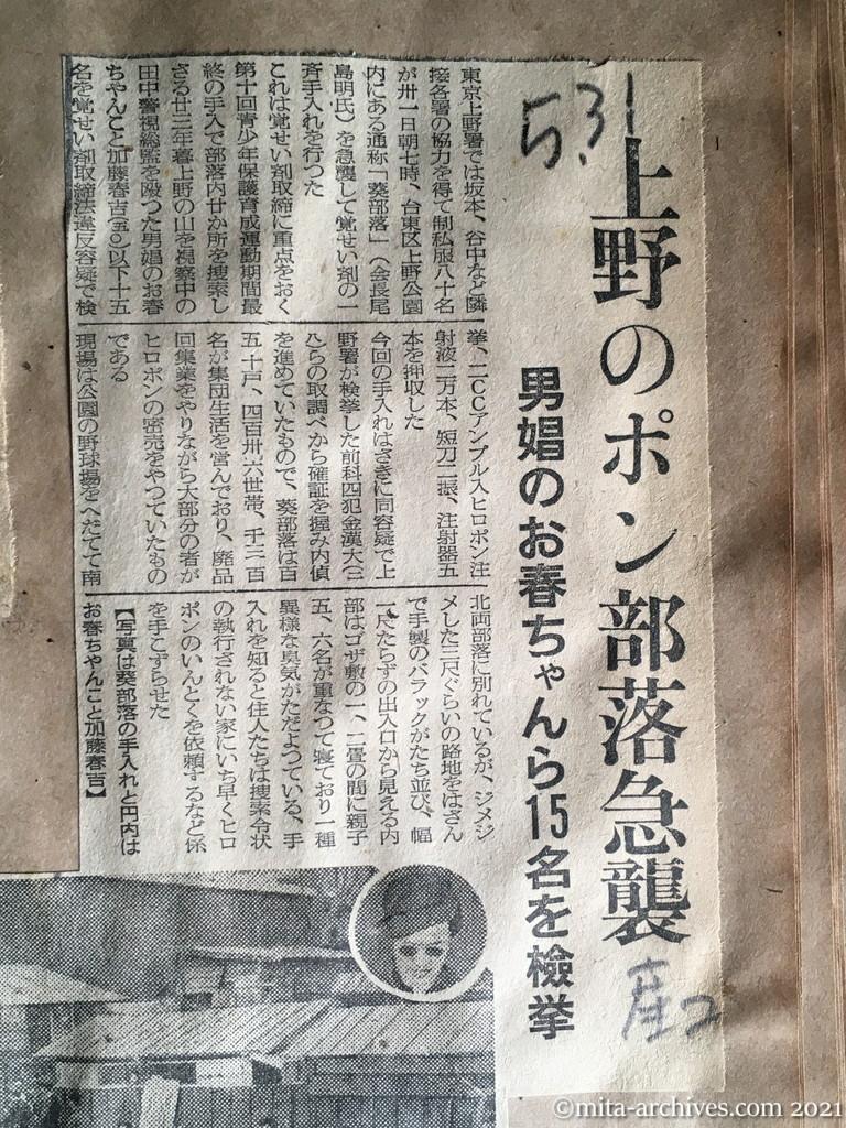 昭和29年5月31日　産経新聞夕刊　上野のポン部落急襲　男娼のお春ちゃんら15名を検挙