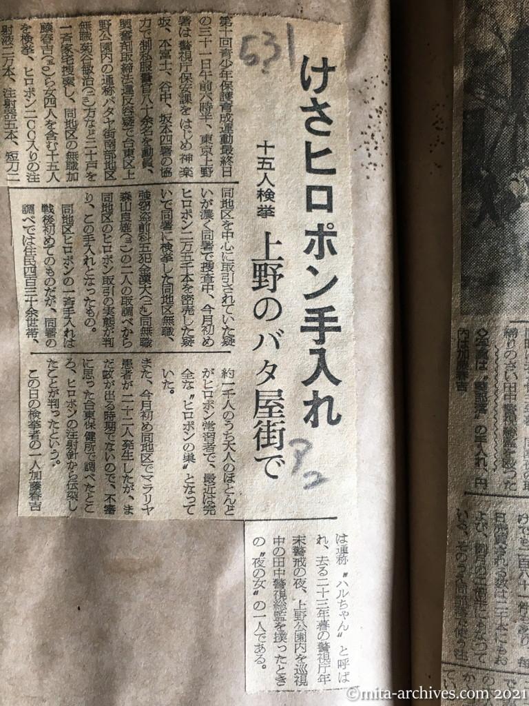 昭和29年5月31日　朝日新聞夕刊　けさヒロポン手入れ　十五人検挙　上野のバタ屋街で
