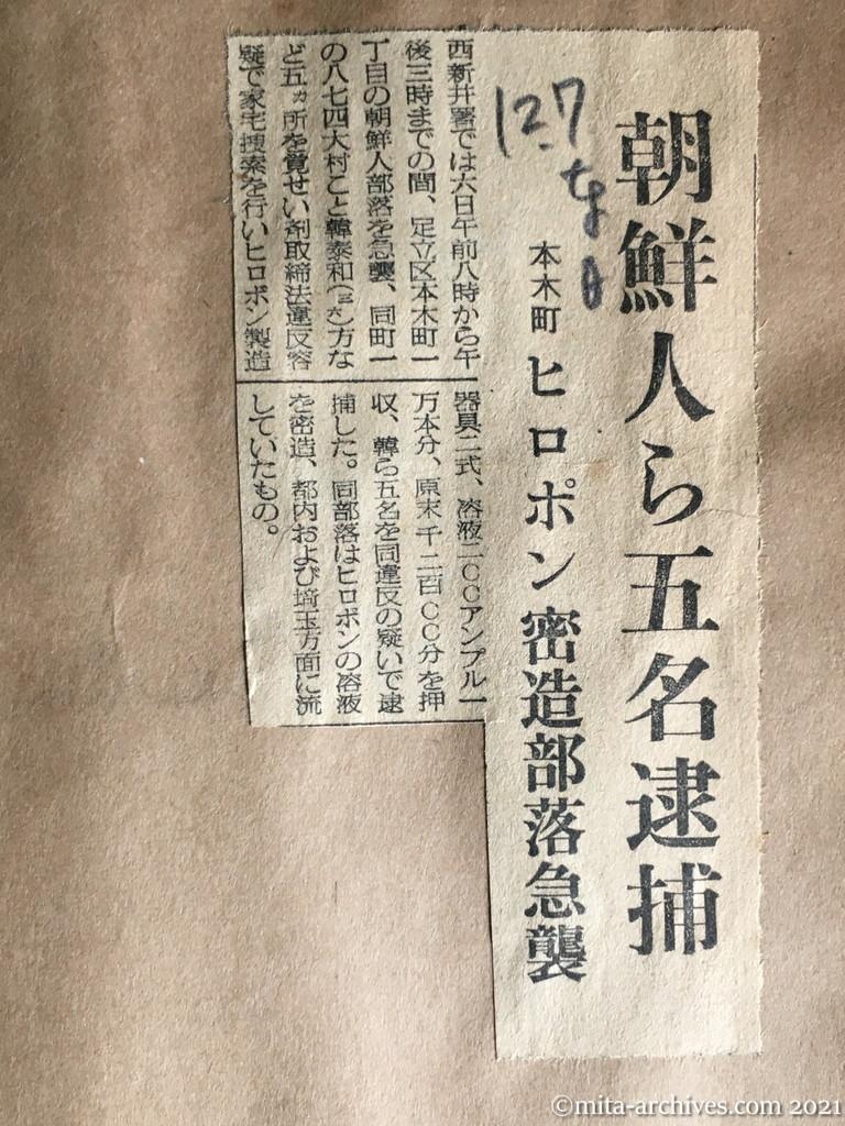 昭和29年12月7日　日東新聞　朝鮮人ら五名逮捕　本木町　ヒロポン密造部落急襲　本木町・朝鮮人部落　大村こと・韓泰和