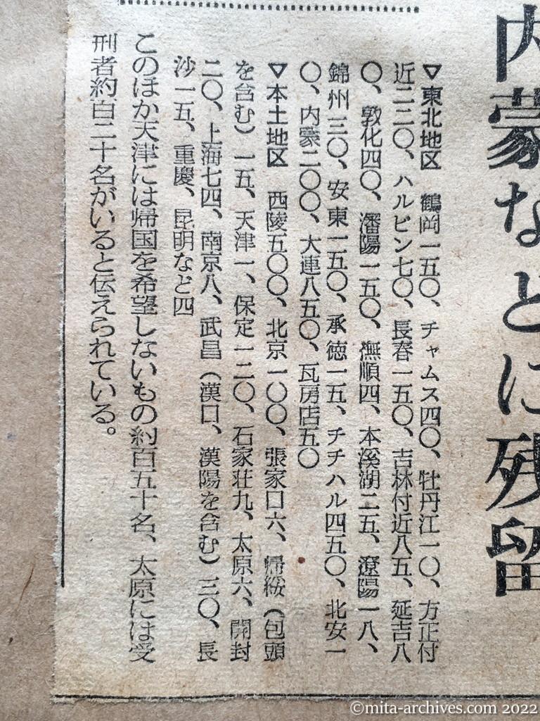 昭和28年10月18日　毎日新聞夕刊　中共になお三千余名　本社調査　満州、内蒙などに残留