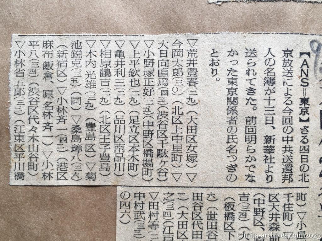 昭和29年9月14日　読売新聞　東京関係24名判る　中共送還者
