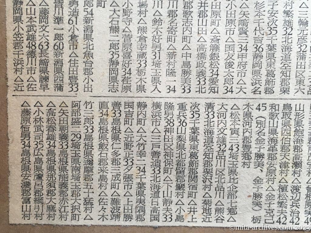 昭和29年10月31日　東京新聞　中国にいる戦犯名簿