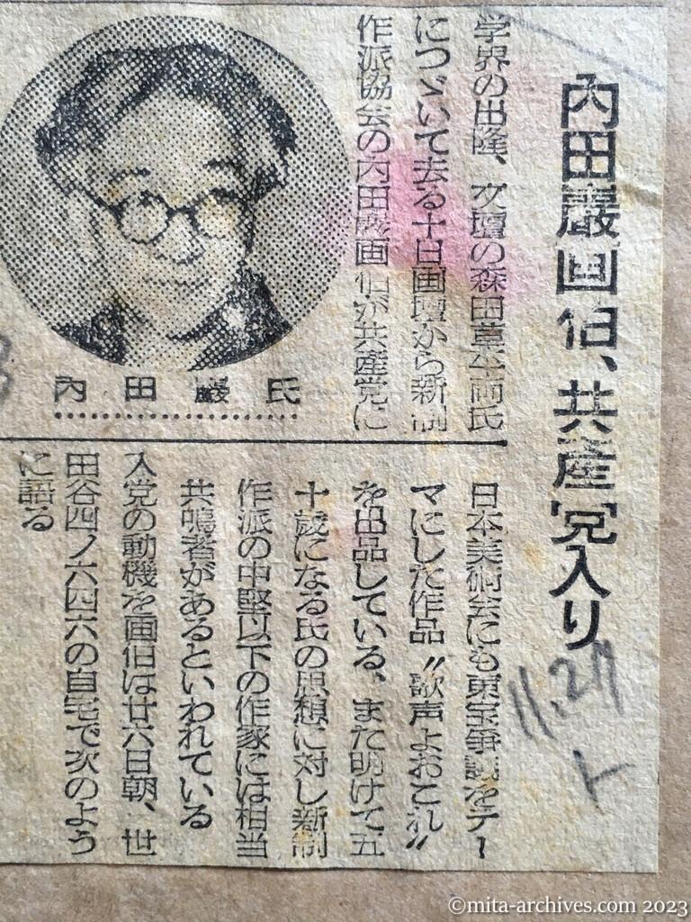 昭和23年11月27日　東京新聞　内田巌画伯、共産党入り