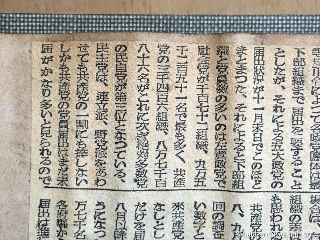 昭和23年12月5日　朝日新聞　共産党員八万七千　十一月末五大政党の現況