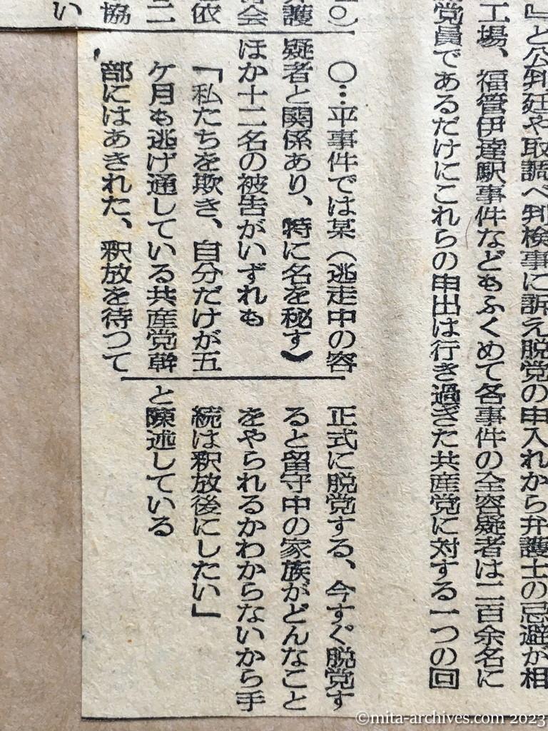 昭和24年11月23日　読売新聞　福島に脱党旋風　平、松川事件等の被告相ついで　〝赤い弁護人〟を忌避
