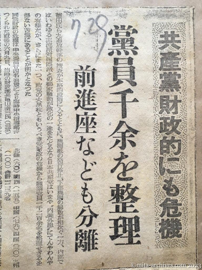 昭和25年7月29日　読売新聞　共産党財政的にも危機　党員千余を整理　前進座なども分離