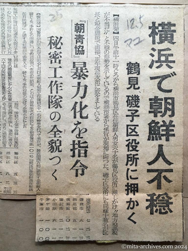 昭和25年12月5日　毎日新聞夕刊　横浜で朝鮮人不穏　鶴見、磯子区役所に押かく　『朝青協』暴力化を指令　秘密工作隊の全貌つく