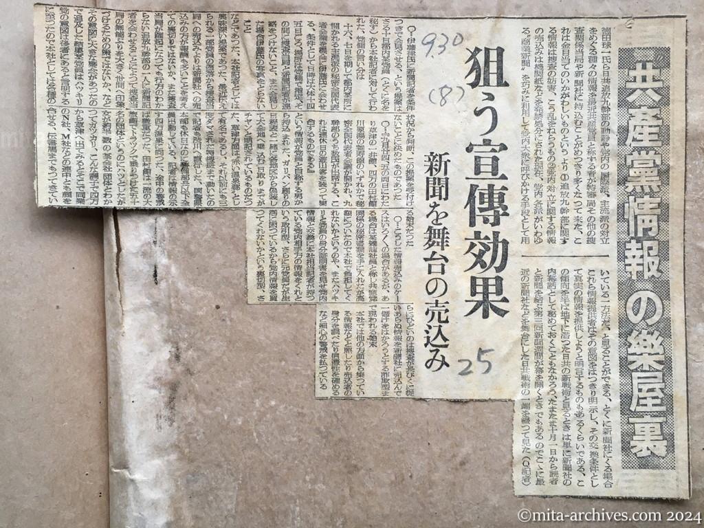 昭和25年9月30日　読売新聞　共産党情報の楽屋裏　狙う宣伝効果　新聞を舞台の売込み
