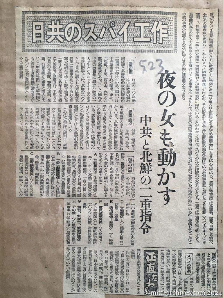 昭和27年5月23日　読売新聞　日共のスパイ工作　夜の女も動かす　中共と北鮮の二重指令　国際組織