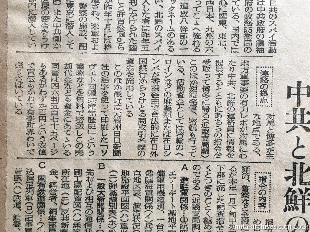 昭和27年5月23日　読売新聞　日共のスパイ工作　夜の女も動かす　中共と北鮮の二重指令　連絡の拠点