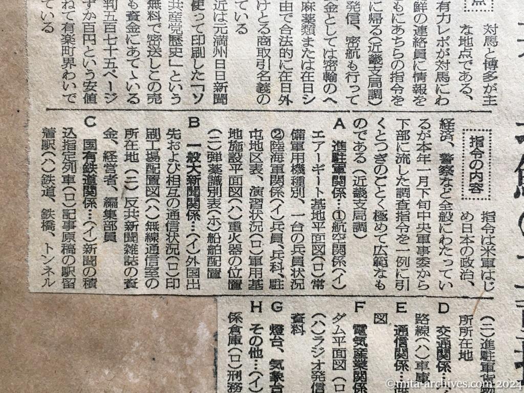 昭和27年5月23日　読売新聞　日共のスパイ工作　夜の女も動かす　中共と北鮮の二重指令　指令の内容