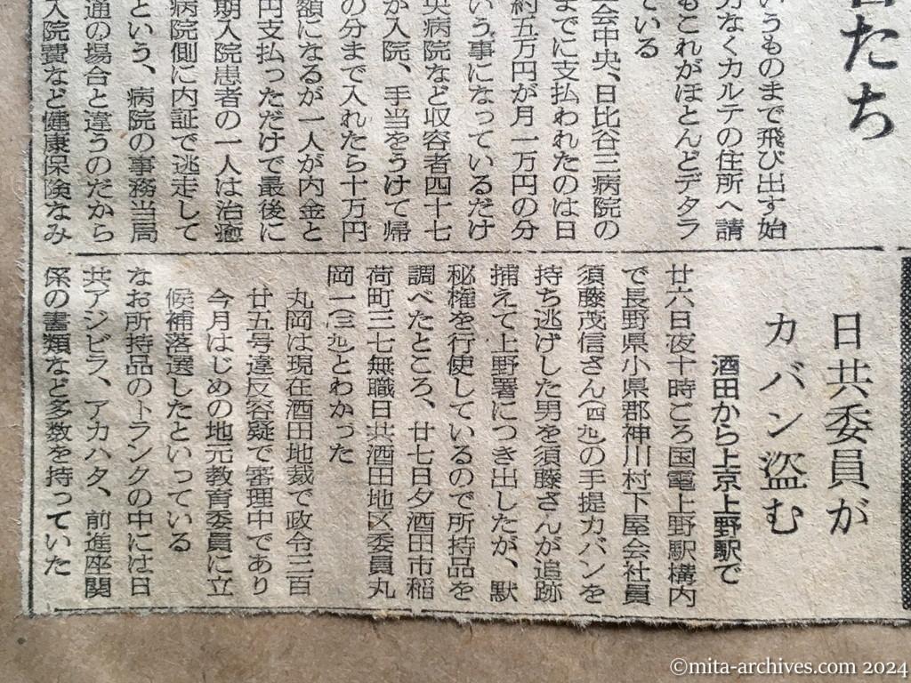 昭和27年10月28日　読売新聞　払い手のない治療費百万円　メーデー騒擾の負傷、入院患者たち　日共委員がカバン盗む　酒田から上京上野駅で