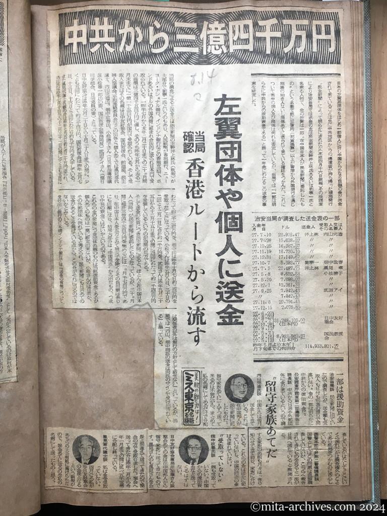 昭和28年8月14日　毎日新聞　中共から三億四千万円　左翼団体や個人に送金　当局確認　香港ルートから流す