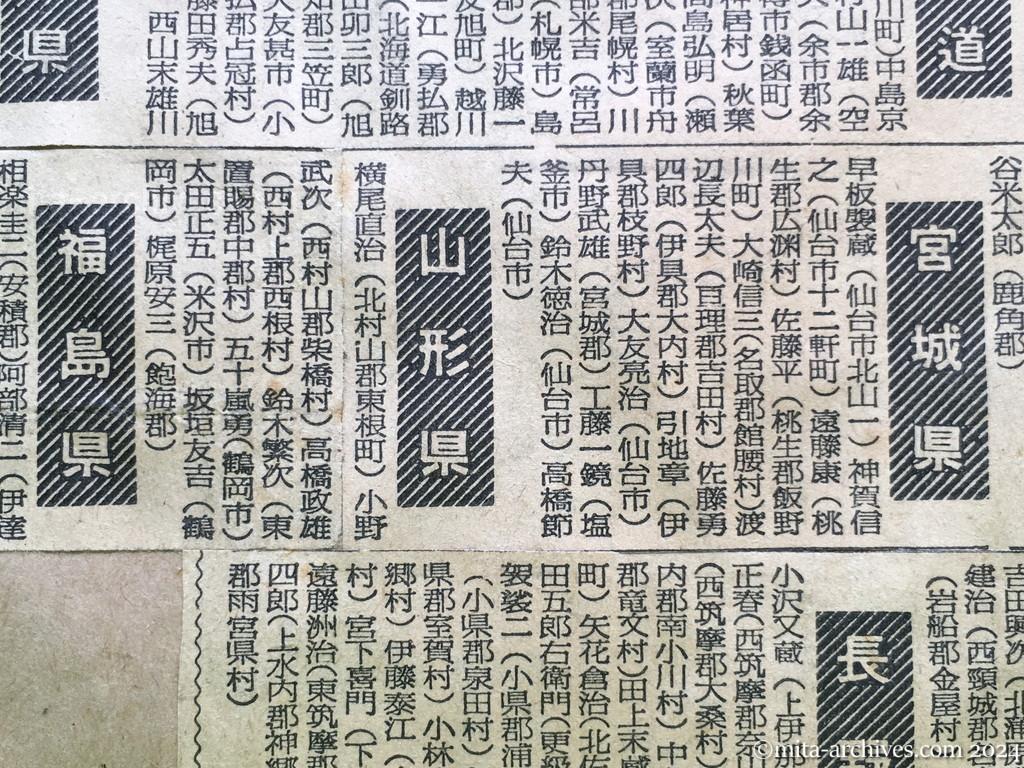 昭和29年11月1日　毎日新聞　中共抑留戦犯の氏名　宮城県　山形県　福島県