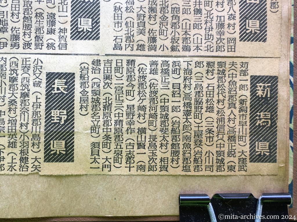 昭和29年11月1日　毎日新聞　中共抑留戦犯の氏名　新潟県　長野県