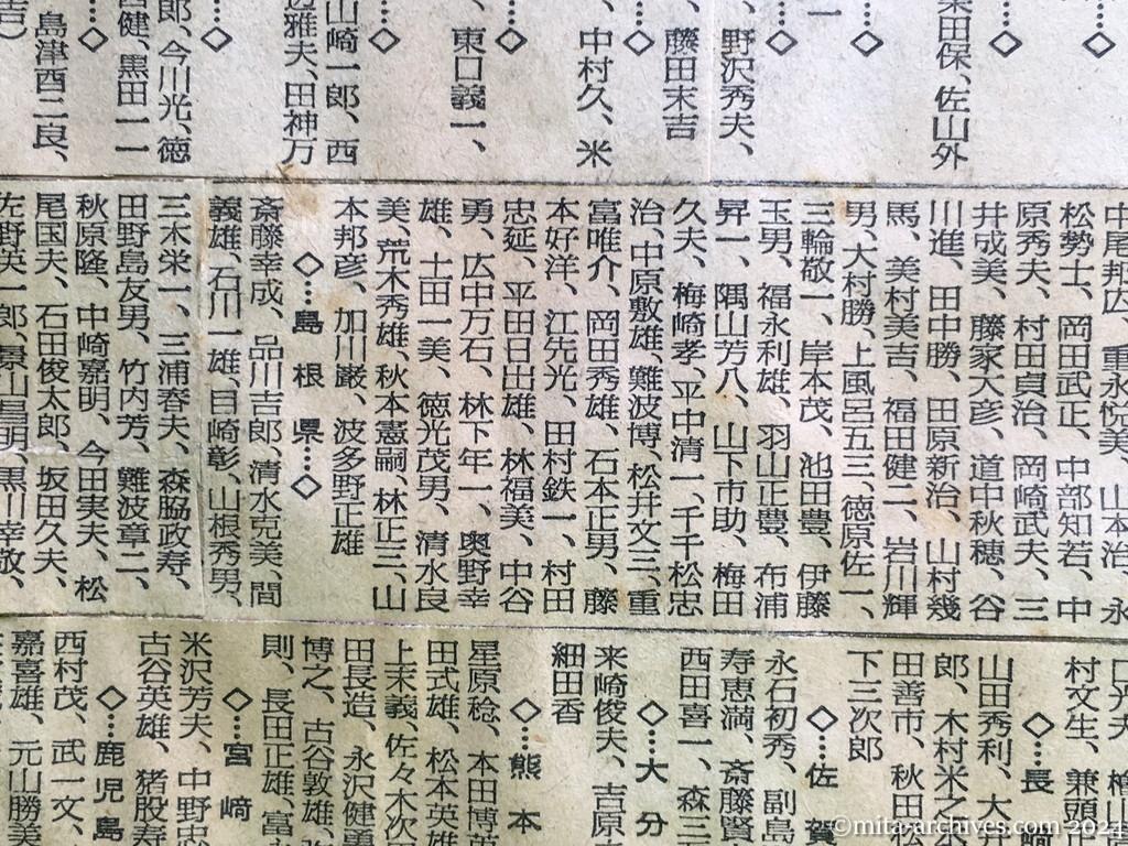 昭和29年11月1日　毎日新聞　中共抑留戦犯の氏名　西日本