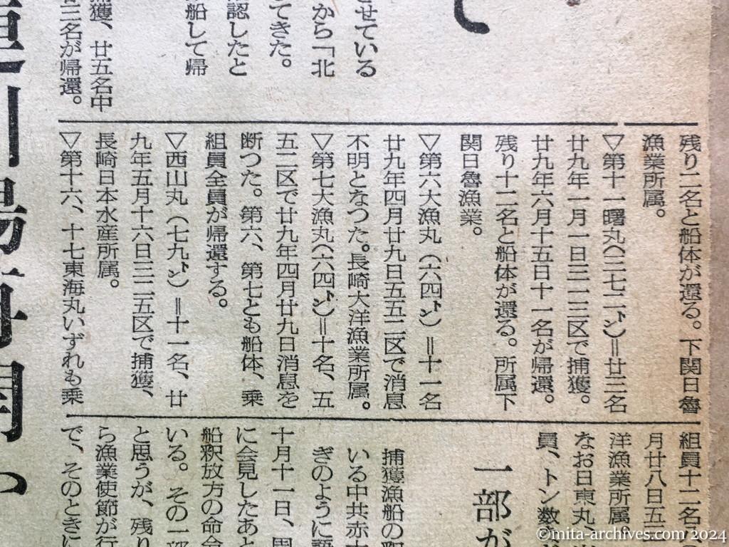 昭和29年11月2日　産経新聞　中共抑留漁船釈放さる　上海から帰る船団発見　二十八隻が航行　日の丸の標識を立て　六巡視船、現場に急行