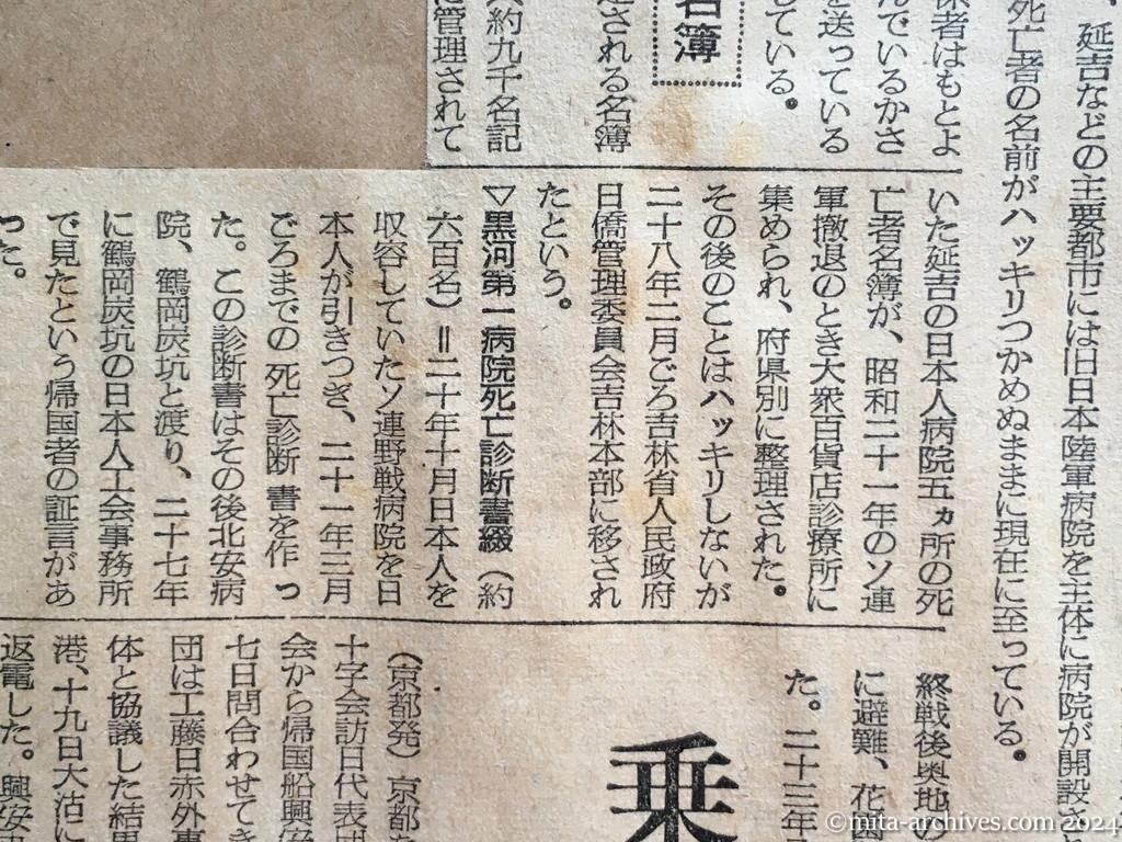 昭和29年11月8日　日本経済新聞　判るか在満邦人の死亡　「名簿」提供を頼む　李女史らも協力を約束　推定される名簿　延吉死亡者連　黒河第一病院　北安病院　ハルビン市花園難民収容所　牡丹江市難民収容所　牡丹江市謝家沟収容所病院　牡丹江市謝家沟関八病院　長春日本人会取扱