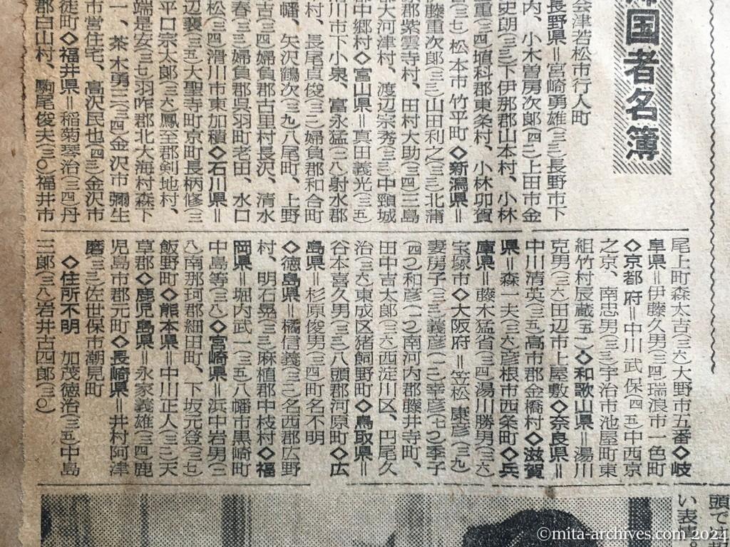 昭和29年11月24日　読売新聞　夕刊　興安丸帰国者は六百名以上　来月三日過ぎ舞鶴着　二十六日までに天津集結　ヴェトナム組も到着　天津駅へ71名　好待遇受けた　〝記憶は中学生の顔〟　東大安芸教授の実弟も帰る　ヴェトナム帰国者名簿