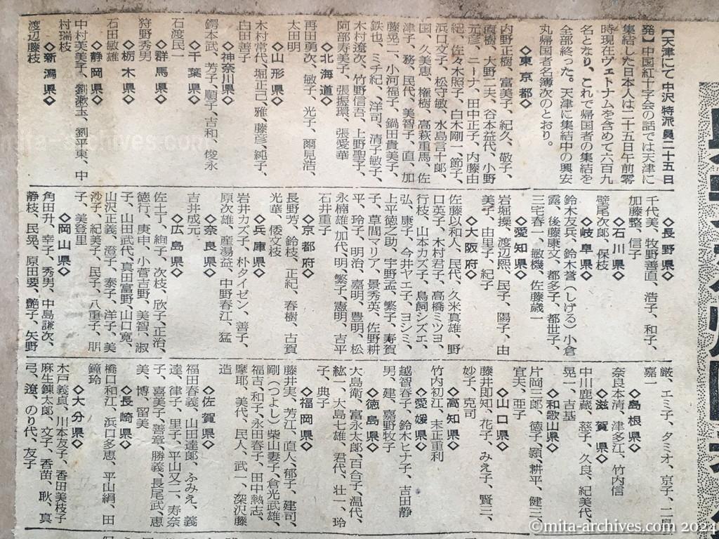 昭和29年11月26日　読売新聞　興安丸帰国者名簿