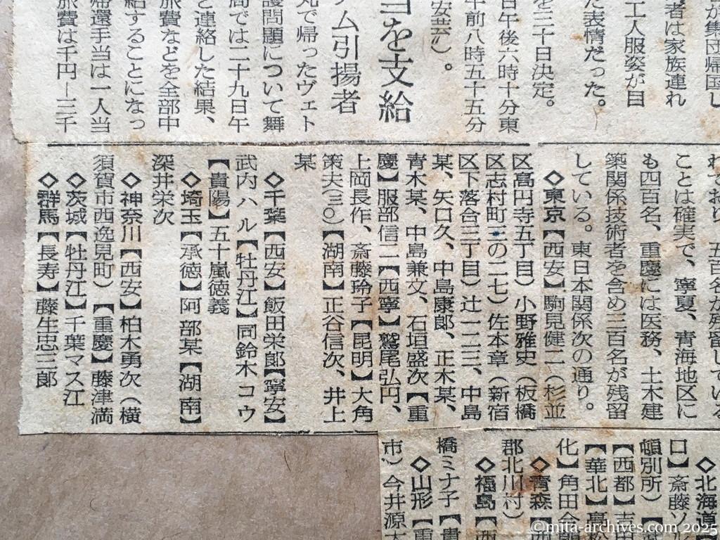 昭和29年11月30日　読売新聞　夕刊　興安丸引揚者　紅葉の故国に帰る　門松にまず歓声　タイの祝ぜんに明るい顔　帰国者四日朝入京　帰国手当を支給　ヴェトナム引揚者　中国残留者氏名判る