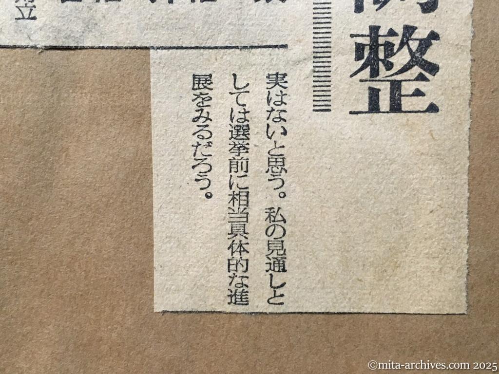昭和30年1月29日　毎日新聞夕刊　政府ドムニーツキー書簡で見解調整　公式とは認めず　ドムニーツキー氏の資格に疑義　首相・外相一致　外相との対立なし　選挙前にも進展せん　根本長官談